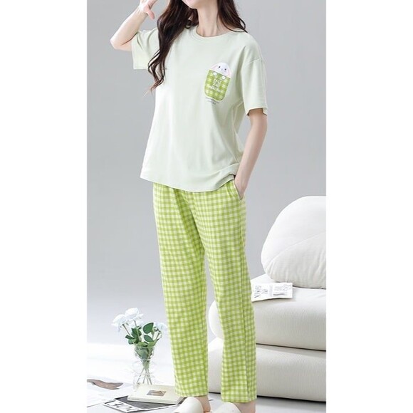 New Cotton Women Pajama Set Short Sleeve Pullover Top Long PJ Pants L XL XXL - Picture 6 of 10